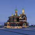 European Style Architecture With Red Brick White Walls Decorative Towers Spires And Evening Lighting
