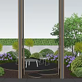 Tranquil Courtyard Garden Featuring Open Doors Trees Bushes Purple Flowers And White Table Chairs