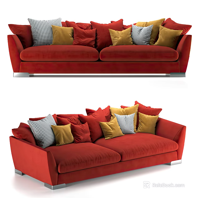 Red Two Seater Sofa with Yellow Red and Checkered Patterned Decorative Cushions 3d model