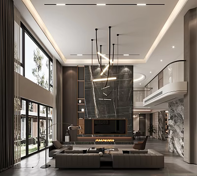 Modern Duplex Living Room Interior With High Ceiling Marble Wall And Large Windows 3d model