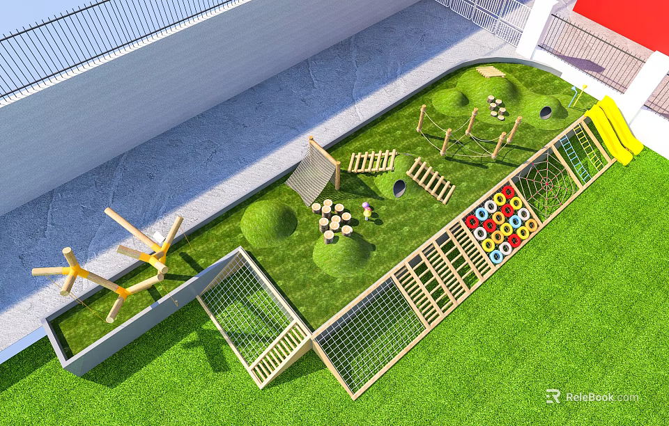 Children's Play Area With Green Lawn Wooden Climbers Colorful Circle Wall And Net Fences 3d model 
