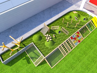 Children's Play Area With Green Lawn Wooden Climbers Colorful Circle Wall And Net Fences 3d model
