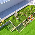 Children's Play Area With Green Lawn Wooden Climbers Colorful Circle Wall And Net Fences