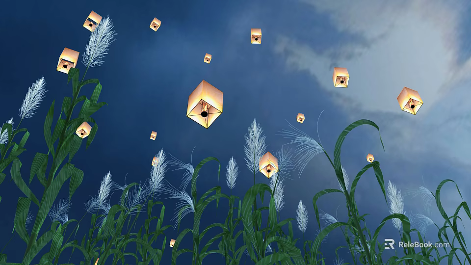 Tall Green Reeds Under Night Sky With Floating Sky Lanterns and Clouds 3d model