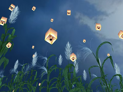 Tall Green Reeds Under Night Sky With Floating Sky Lanterns and Clouds 3d model