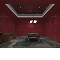 Hotel Billiards Room Interior With Red Walls Red Ceiling Billiard Table And Brown Sofas 3d model