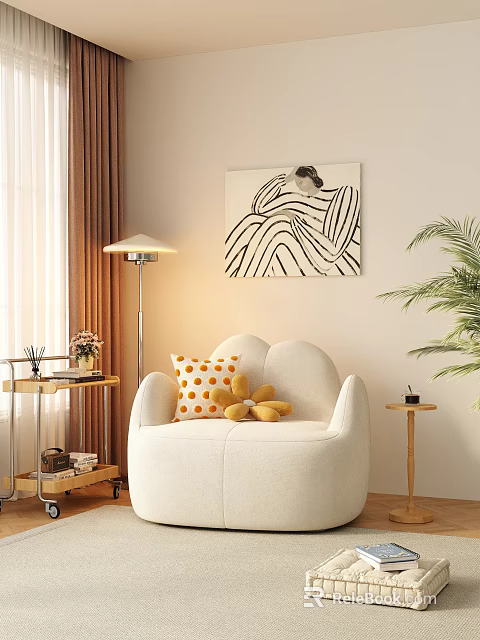 Modern White Single Sofa with Accent Pillow Floor Lamp Side Table and Wall Art 3d model 