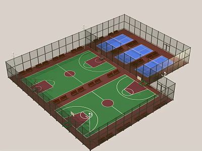 Indoor Basketball Gym With Multiple Courts Green Flooring And Surrounding Fencing 3d model