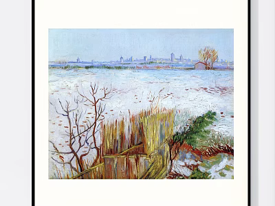 Snowy Field Landscape Painting With Bare Trees Fence And Distant City 3d model