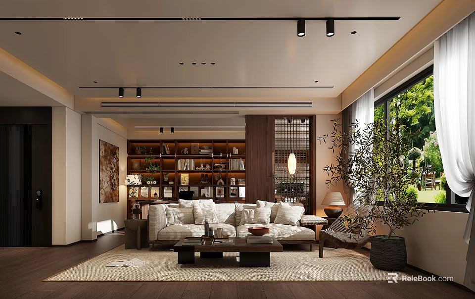 Modern Living and Dining Room Interior With Sofa Bookshelf And Floor to Ceiling Windows 3d model 