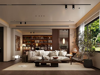 Modern Living and Dining Room Interior With Sofa Bookshelf And Floor to Ceiling Windows 3d model