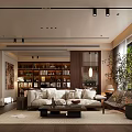 Modern Living and Dining Room Interior With Sofa Bookshelf And Floor to Ceiling Windows