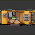 Daily Living Necessities On Yellow Van Roof With Surfboards And Flame Decals