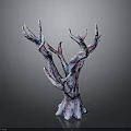 Decorative Plant Sculpture with Blue Red Textured Branches on Black Background
