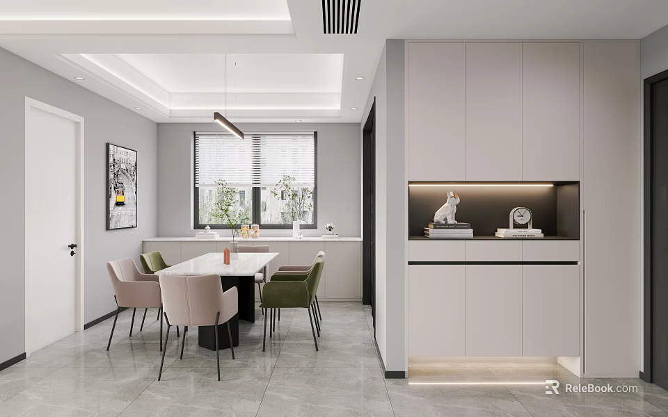 Modern Dining Room Interior Design With White Cabinets Dining Table Chairs And Lighting 3d model