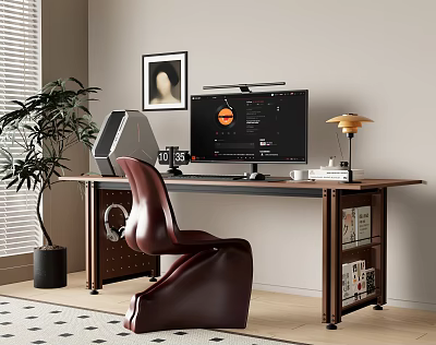 Modern Wooden Desk Setup With Leather Chair Computer Monitor Desk Lamp Books And Potted Plant 3d model