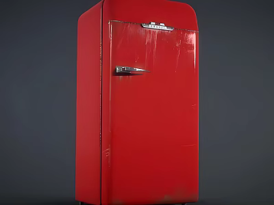 Vintage Red Refrigerator With Classic Design Metal Handle And Surface Scratches 3d model
