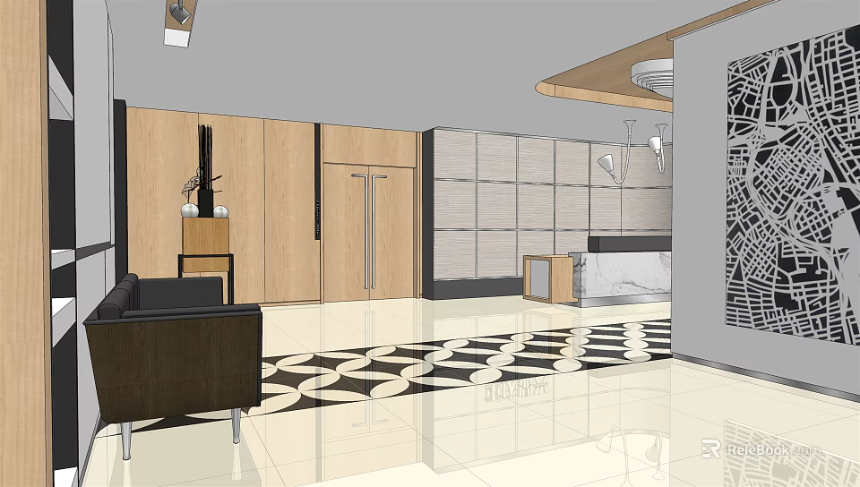 Modern Front Desk Reception Area With Wooden Wall Panels Sofa And Geometric Floor Pattern 3d model