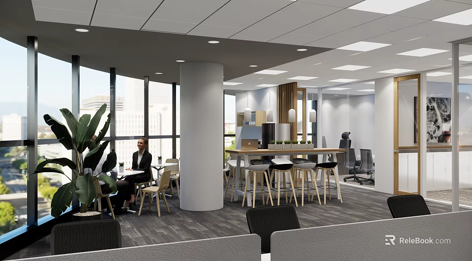 Modern Public Office Space With Open Workstations Green Plants And Large Windows 3d model