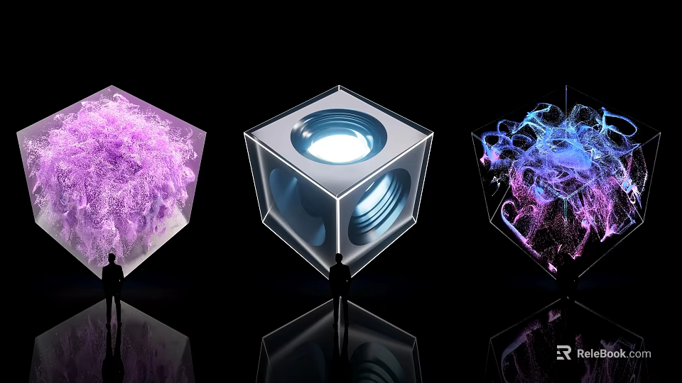 Three Illuminated Cube Activation Devices With Abstract Patterns And Human Figure In Dark Background 3d model 