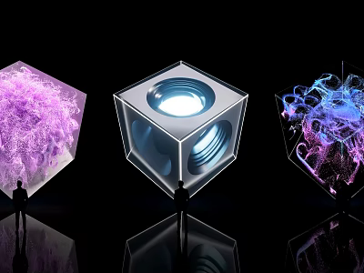 Three Illuminated Cube Activation Devices With Abstract Patterns And Human Figure In Dark Background 3d model