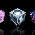 Three Illuminated Cube Activation Devices With Abstract Patterns And Human Figure In Dark Background