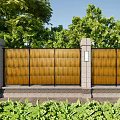 Building Exterior Wall With Stone Pillars Black Metal Fence Green Trees And Bushes