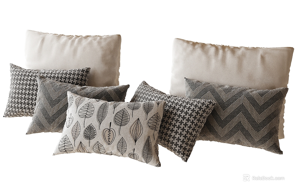 Stylish Throw Pillows With Leaf Houndstooth Chevron Patterns In Neutral Tones 3d model 