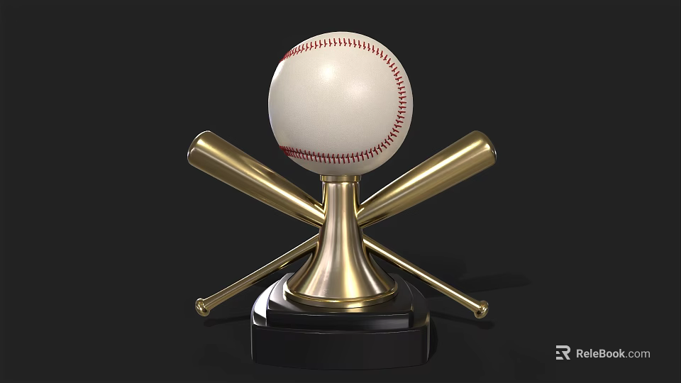 Baseball Trophy With Golden Crossed Bats And White Ball On Black Base 3d model 