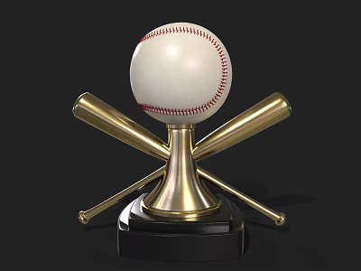 Baseball Trophy With Golden Crossed Bats And White Ball On Black Base 3d model