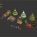 Reindeer Pulling Sleigh Near Decorated Christmas Trees and Festive Dining Table with Gifts