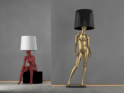 Abstract Human Shaped Floor Lamps Red Gold Bodies White Black Shades Modern Decor 3d model