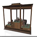 Wooden Display Cabinet With Glass Doors And Various Pottery Items