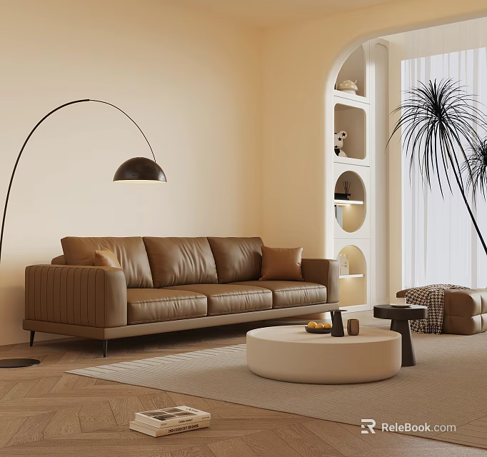 Modern Living Room With Brown Leather Sofa And Round White Coffee Table Set 3d model 
