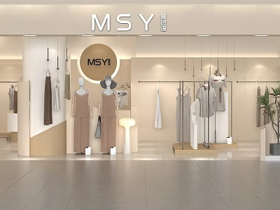 Elegant Modern MSY Clothing Store Interior With Mannequins Hanging Clothes And Display Racks 3d model