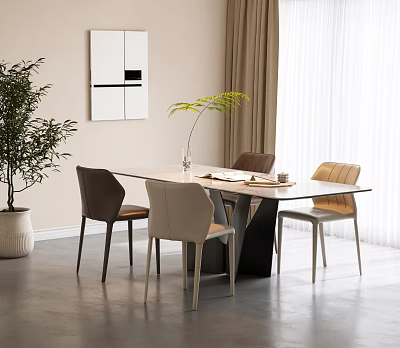 Modern Restaurant Interior Design With Dining Table Chairs Plant Wall Art And Light Curtains 3d model