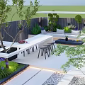 Modern Garden Landscape With White Bar Counter Black Stools And Green Plants