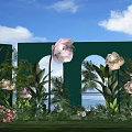 Floral Display With Green Backdrop Arched Design Blue Sky White Clouds And Sea View
