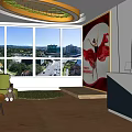 Modern Kindergarten Interior With Pink Walls Yellow Chairs Large Windows Cartoon Decorations And Reception Desk