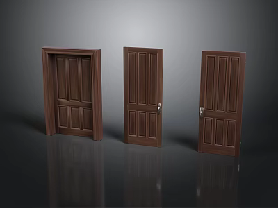 Three Brown Wooden Doors With Different Panel Designs And Door Handles 3d model
