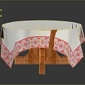 Round Table With White Tablecloth Red Geometric Pattern Embroidery And Wooden Base 3d model