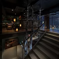 Green Pearl Restaurant Interior With Wooden Bookshelves Large Painting Chandeliers And Open Dining Area