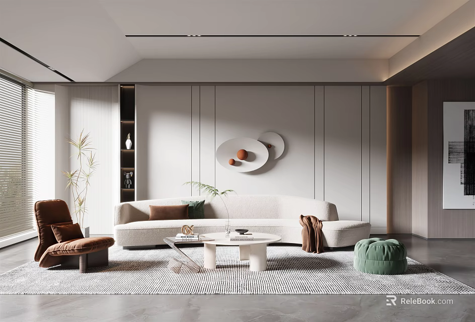 Modern Living Room Interior With Beige Sofa Round Coffee Table Decorative Rug And Wall Art 3d model 