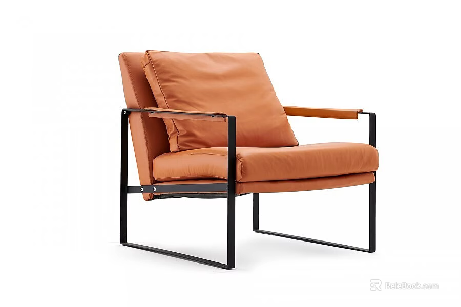 Modern Orange Single Sofa With Black Metal Frame And Wooden Armrests 3d model 