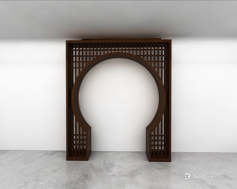 Modern Wooden Archway With Carved Lattice Design Against White Wall And Gray Floor 3d model 