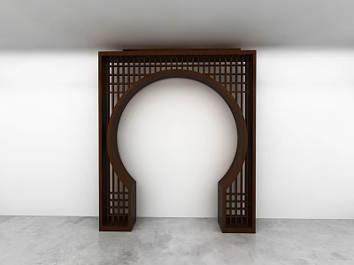 Modern Wooden Archway With Carved Lattice Design Against White Wall And Gray Floor 3d model