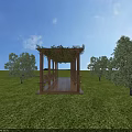 Wooden Pergola With Vines Covered Roof In Green Grass Field And Surrounding Trees