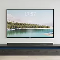 Modern TV Stand in Living Room with Soundbar Lake View Mountains Trees and Drawers