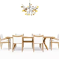 Wooden Rectangular Dining Table Set With Six White Chairs And Decorative Chandelier