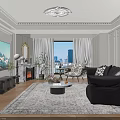 Elegant French Style Modern Living Room Black Soft Sofa And Round Marble Coffee Table Set